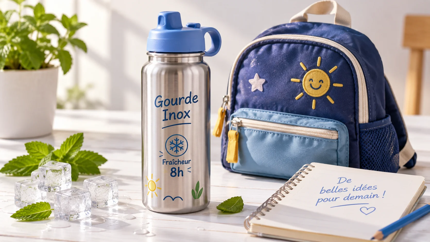 Gourde en acier inoxydable de 500 mL posee sur une table scolaire blanche avec un sac a dos et un cahier, entouree de feuilles de menthe fraiche et de glaçons. Etiquette Gourde Inox avec icone de fraicheur 8h.