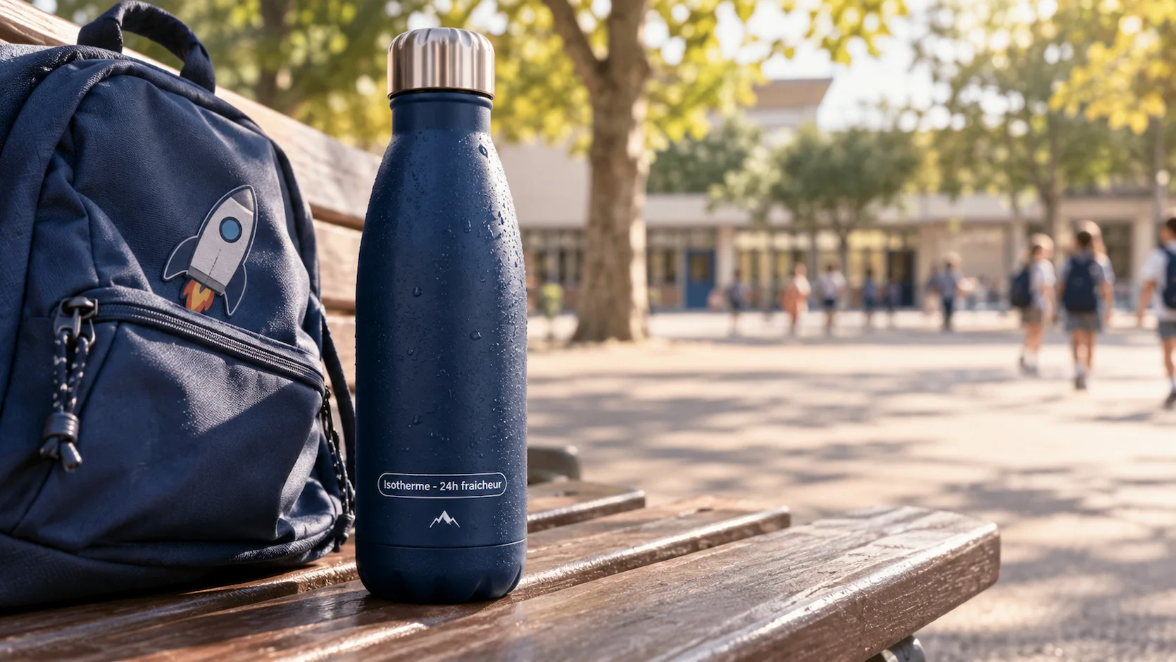 Gourde isotherme double paroi de 600 mL en finition mate bleu fonce, posee sur un banc de cour d ecole avec de la condensation en surface. Etiquette Isotherme - 24h fraicheur. Arbres en arriere-plan.