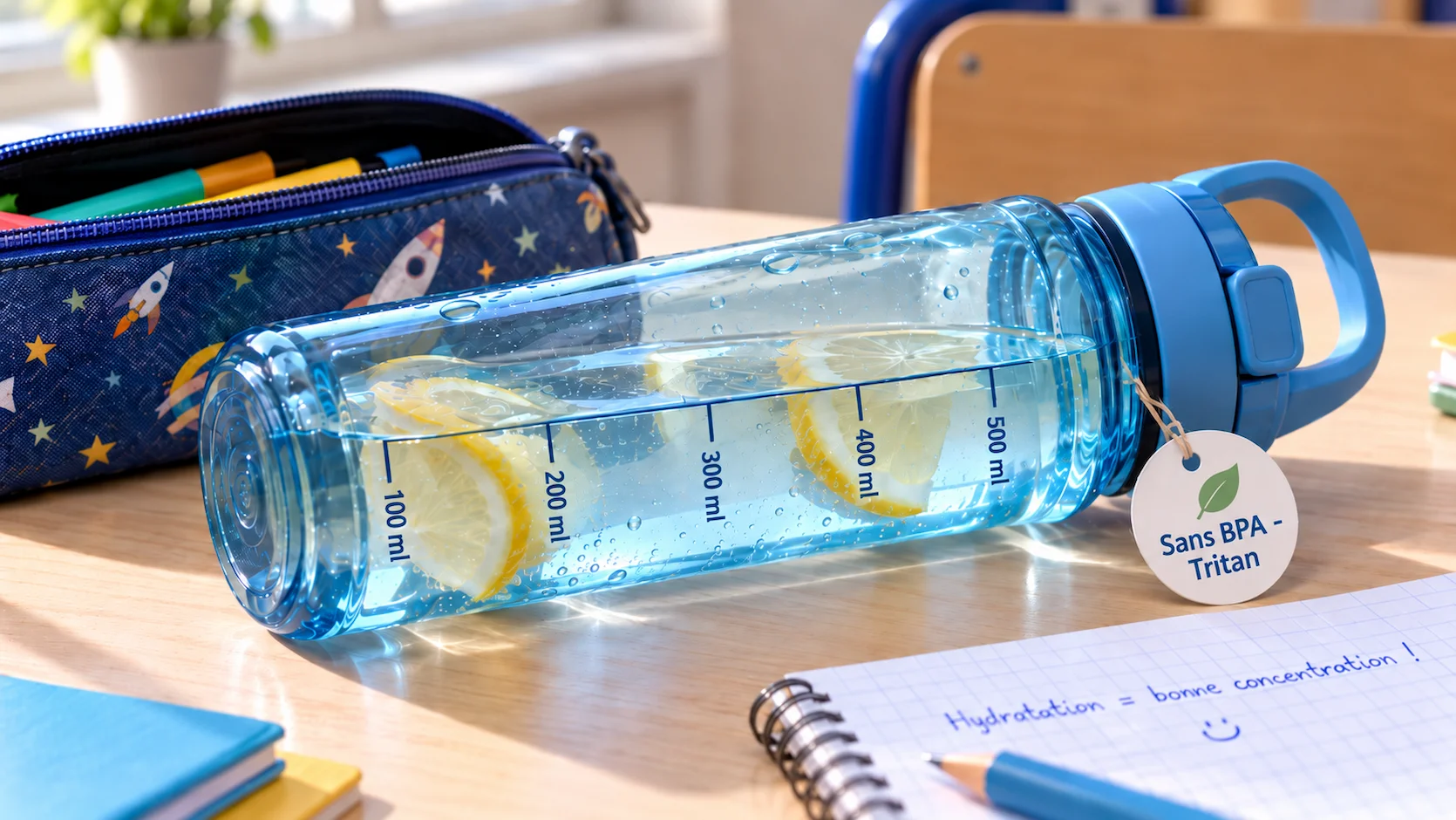 Gourde transparente en plastique Tritan sans BPA de 500 mL posee sur un bureau scolaire a cote d une trousse. La gourde est remplie d eau claire avec des rondelles de citron. Etiquette Sans BPA - Tritan.