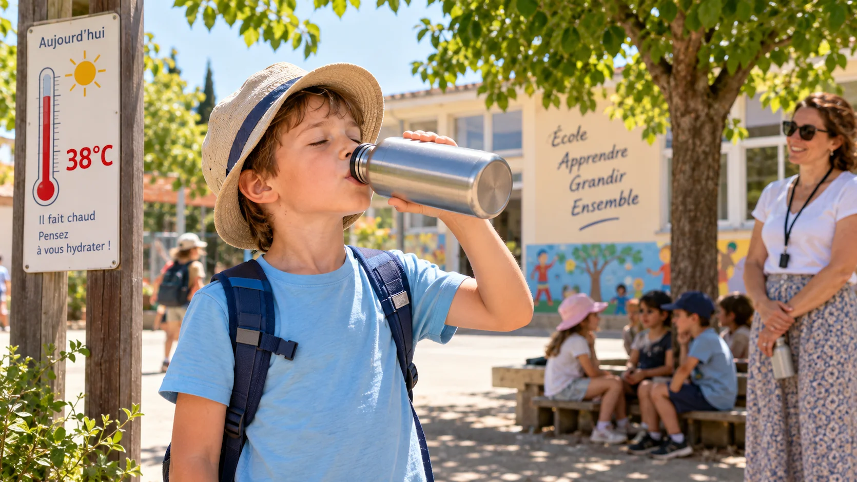 Canicule et ecole : Hydratation, gourde et aliments adaptes aux fortes chaleurs