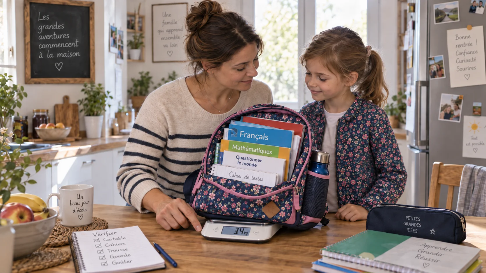 Père et fils qui pèsent le cartable chargé sur une balance de cuisine à la maison, manuels scolaires en français visibles dans le sac ouvert sur la table