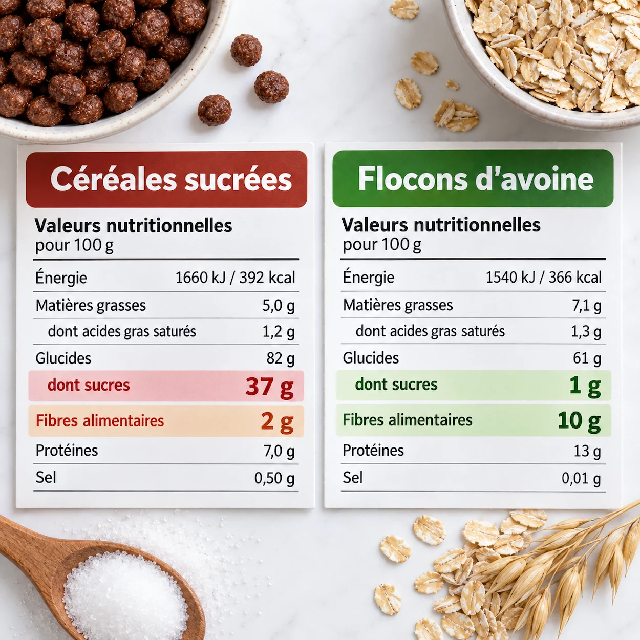 Comparaison de deux tableaux nutritionnels en français : à gauche 'Céréales sucrées' avec 37g de sucres et 2g de fibres surlignés en rouge, à droite 'Flocons d'avoine' avec 1g de sucres et 10g de fibres surlignés en vert
