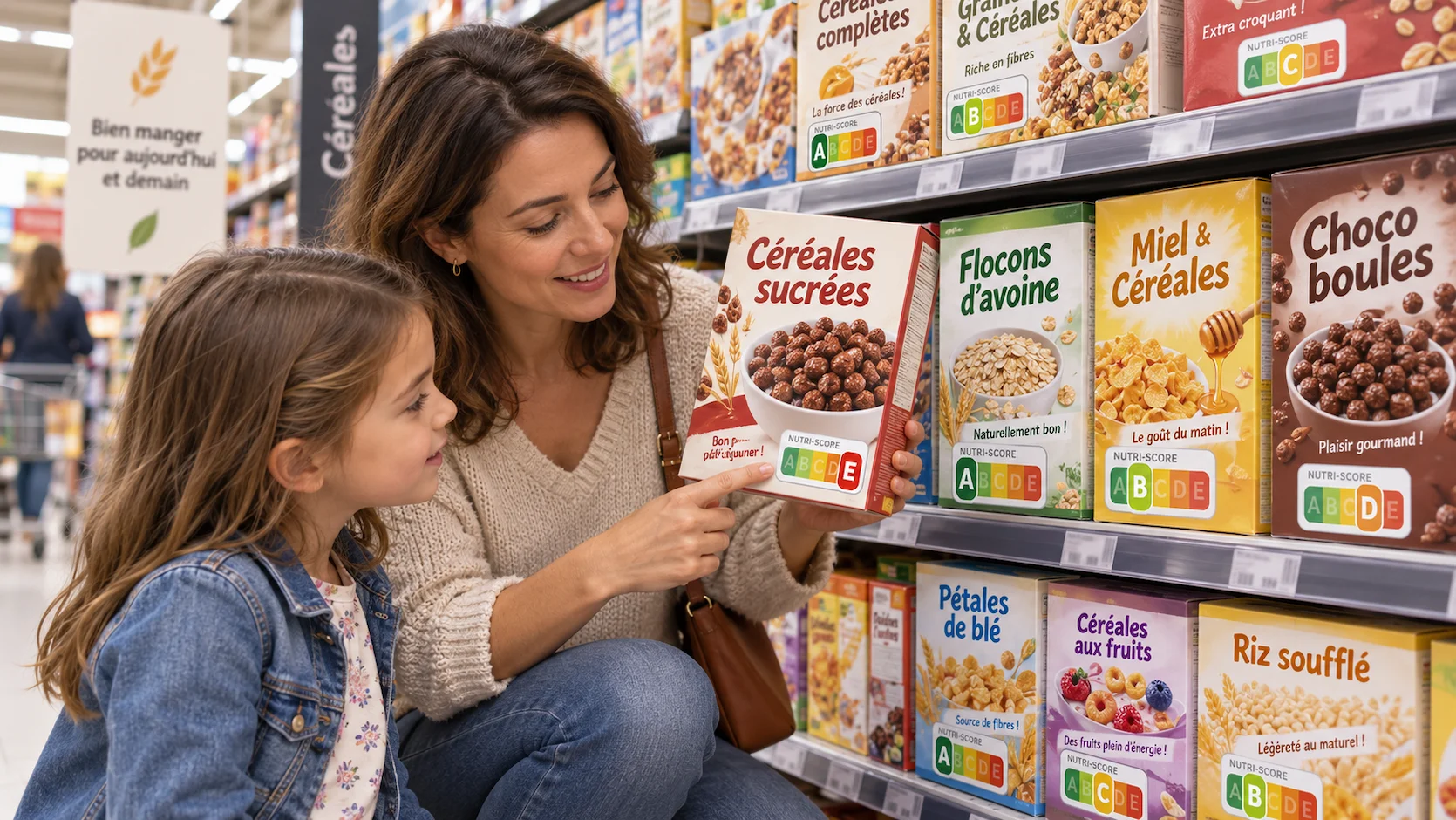 Mère et enfant (7 ans) dans le rayon céréales d'un supermarché français : la mère pointe le Nutri-Score sur une boîte à l'enfant curieux, rayonnage plein de boîtes colorées avec Nutri-Score A à E visibles
