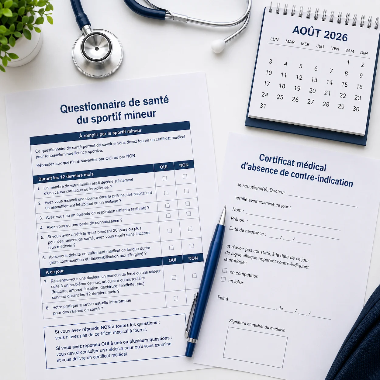 Gros plan flat-lay sur bureau médical : stéthoscope, questionnaire de santé du sportif mineur en français, stylo bleu, certificat médical et calendrier