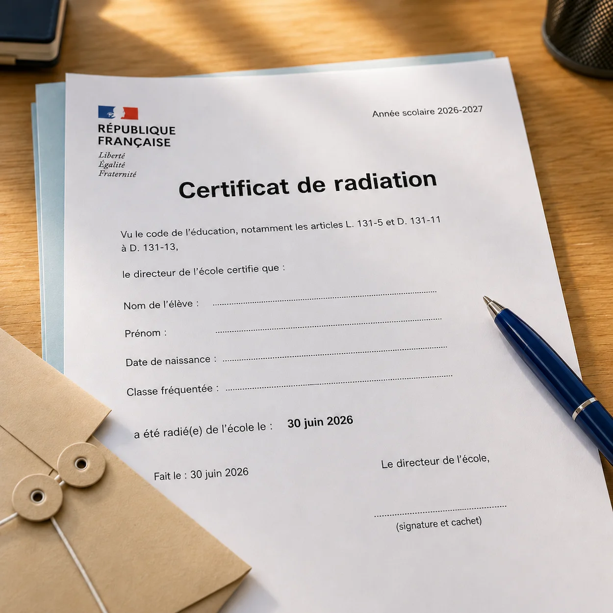 Certificat de radiation scolaire et stylo posés sur un bureau