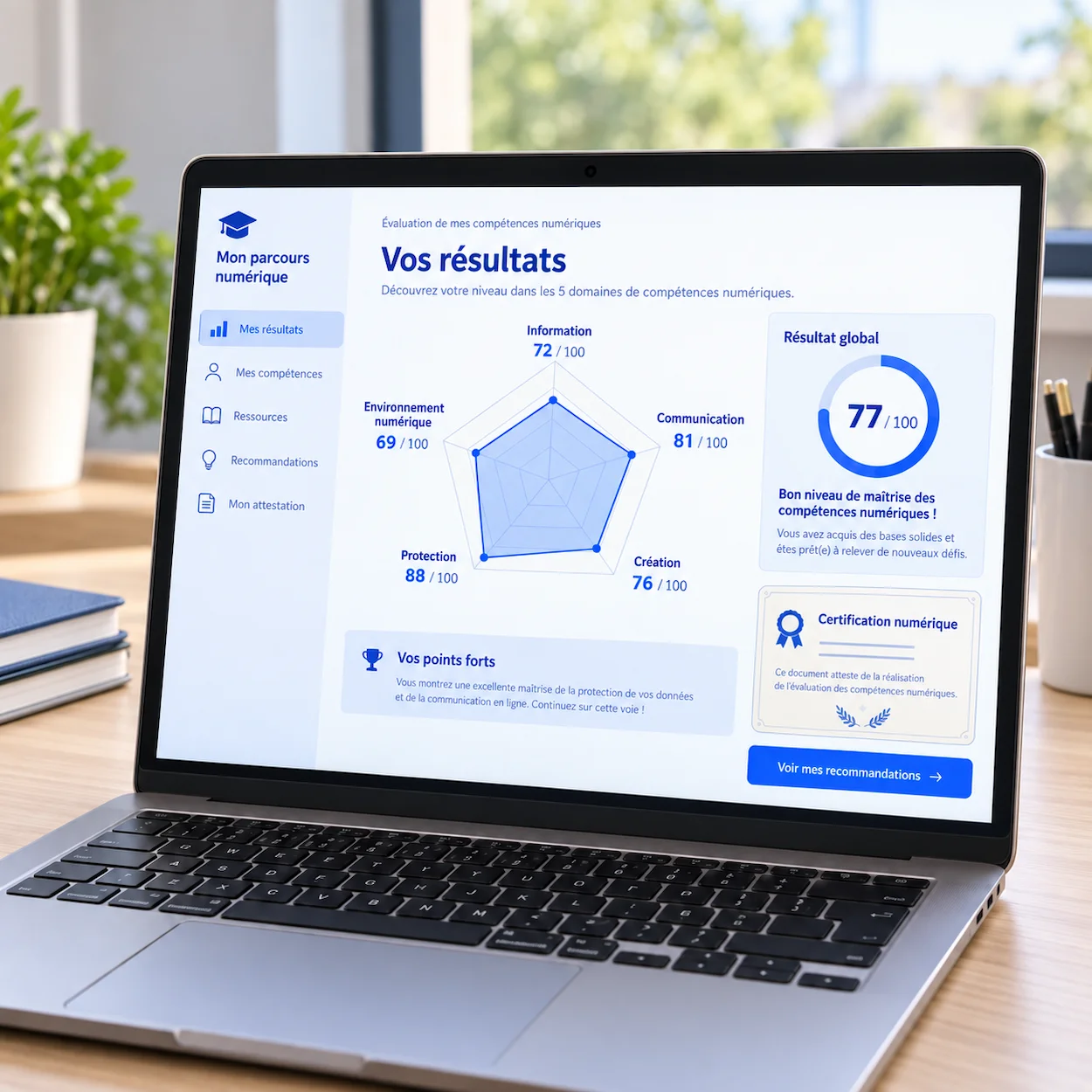 Écran dun laptop montrant la plateforme pix.fr avec un profil élève, radar chart des 5 domaines de compétences numériques et score Pix