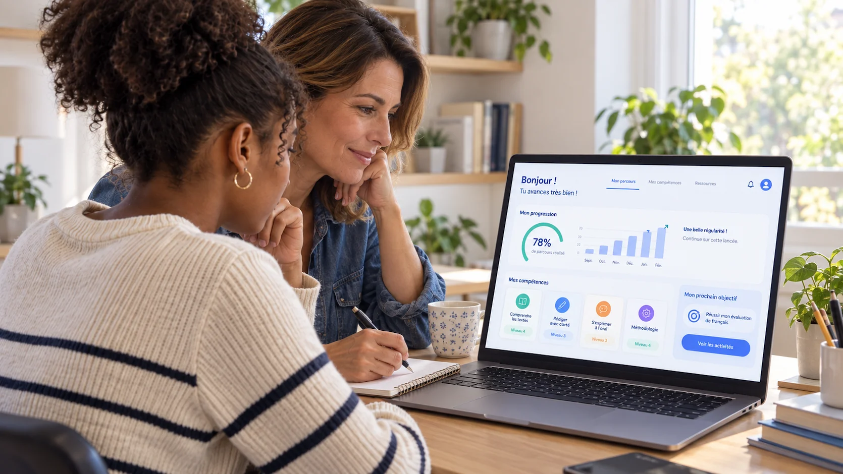 Parent et adolescent de 15 ans assis côte à côte devant un ordinateur portable montrant une plateforme éducative française avec progression et badges