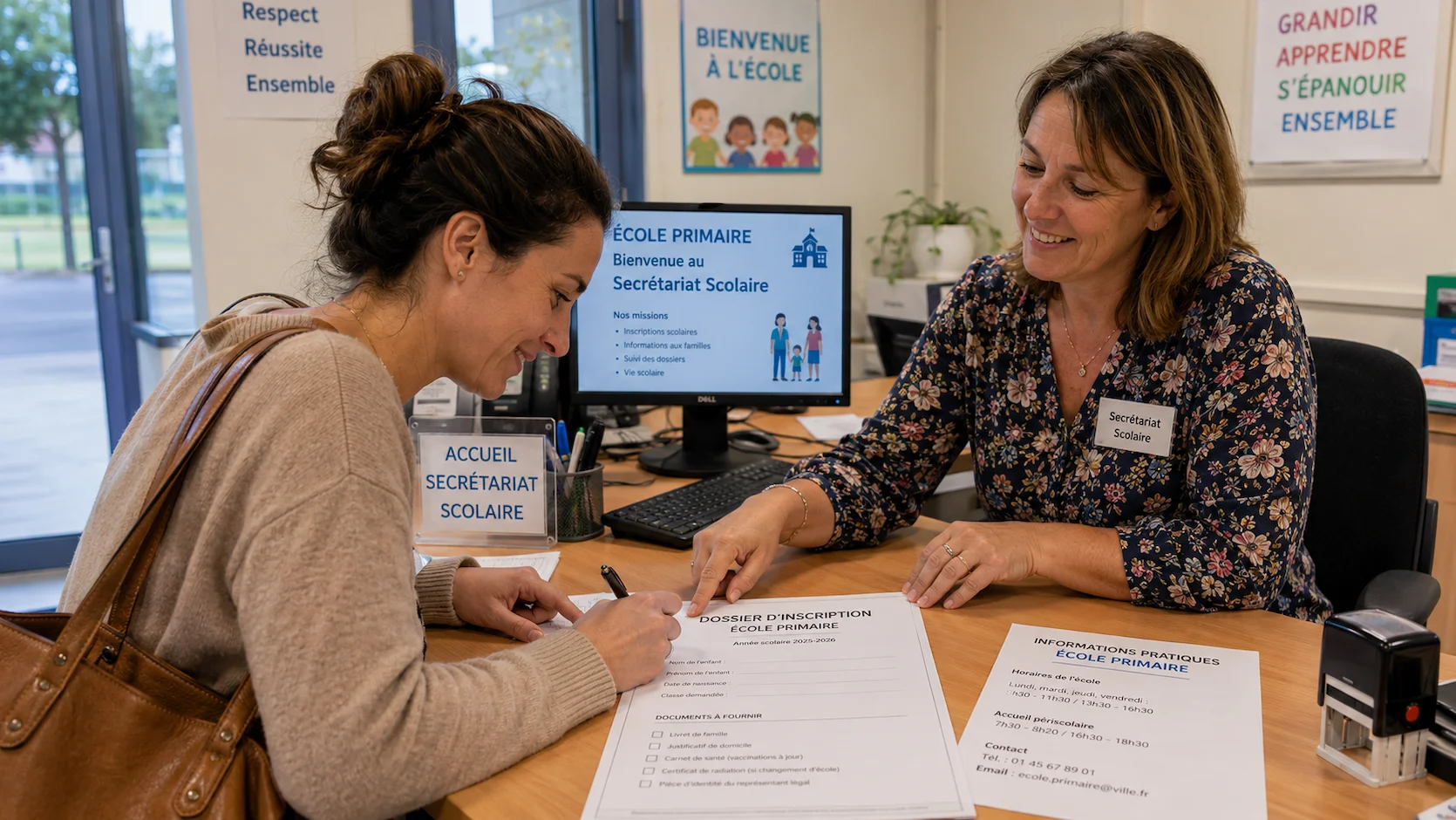 Un parent signe les papiers d'inscription à la secrétariat d'une nouvelle école, accompagné d'une secrétaire administrative