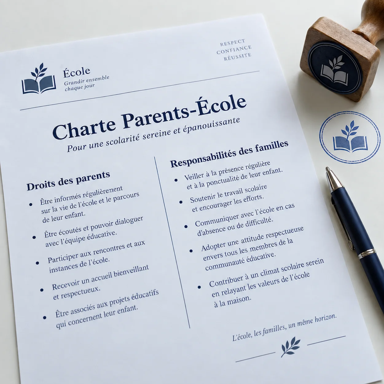 Document officiel de la Charte Parents-École 2026 posé sur un bureau avec un stylo et un tampon officiel, fond institutionnel bleu République française