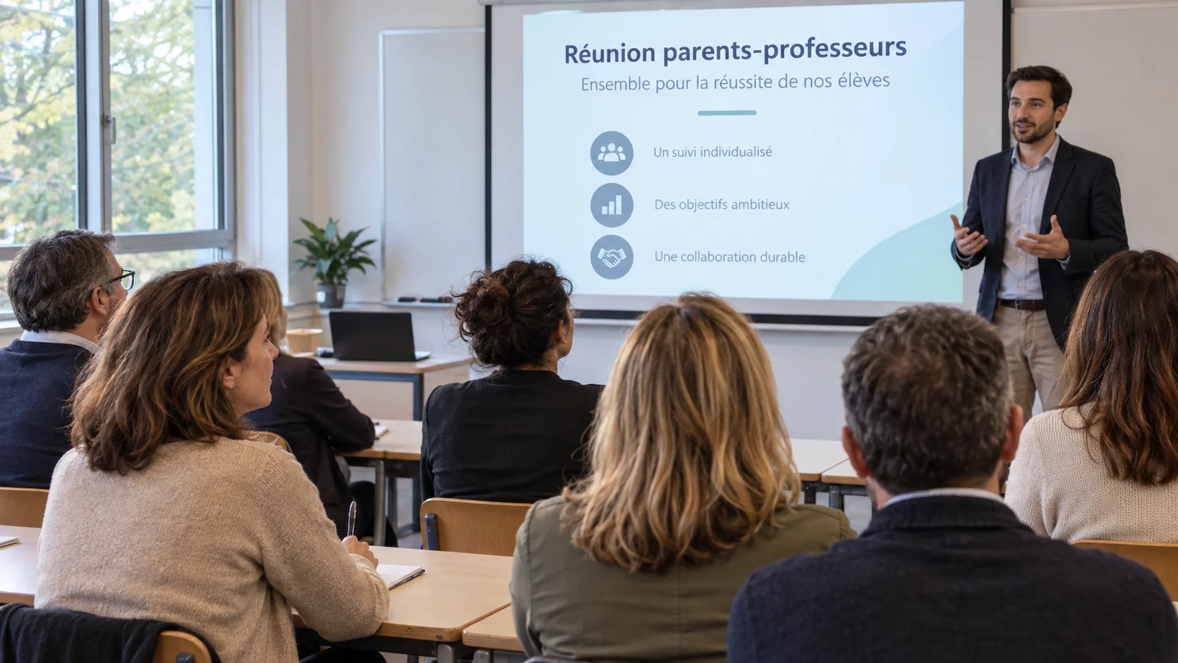 Réunion de parents délèves dans une salle de classe, parents assis en cercle avec le directeur décole discutant de la charte et des droits parentaux