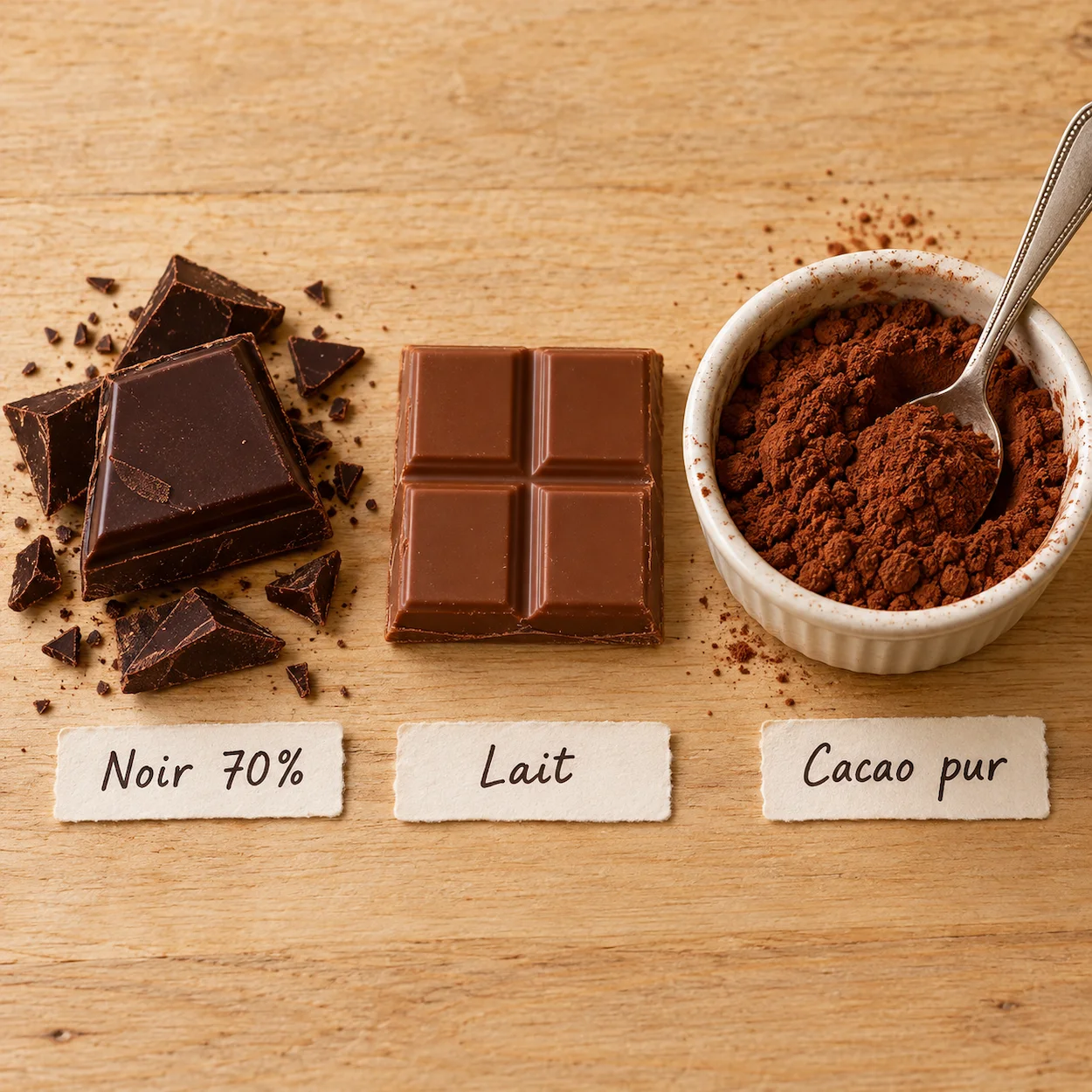 Flat-lay comparatif chocolat noir 70 pour cent carre chocolat au lait et cacao pur en poudre avec etiquettes