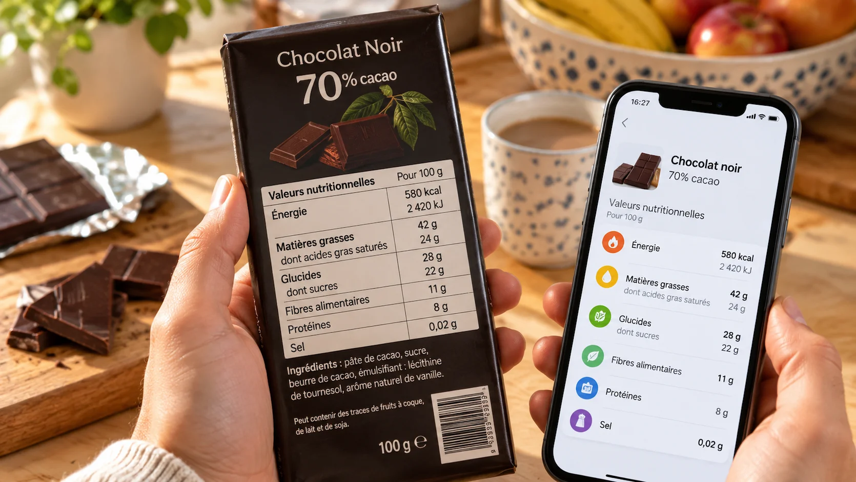 Parent qui lit l'etiquette nutritionnelle d'une tablette de chocolat noir pour verifier la teneur en sucres