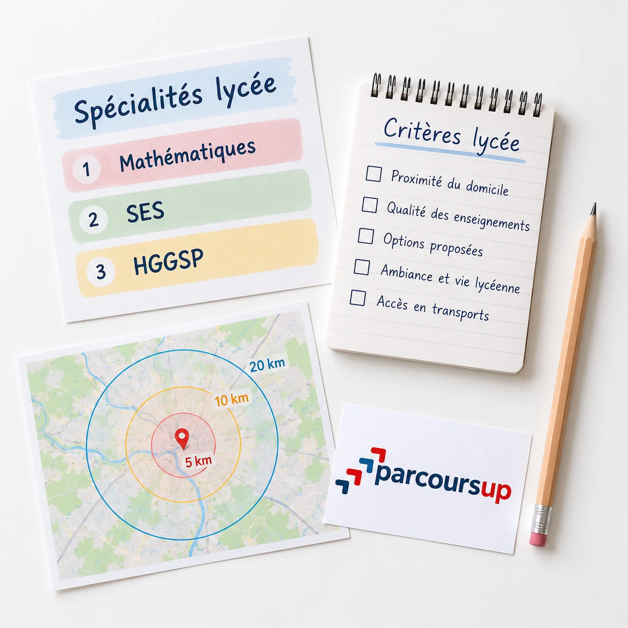 Gros plan d''un flat-lay sur un bureau blanc avec une liste de spécialités de lycée écrites en français, un carnet de checklist ''Critères lycée'', un crayon, une petite carte avec des cercles de distance et une carte Parcoursup