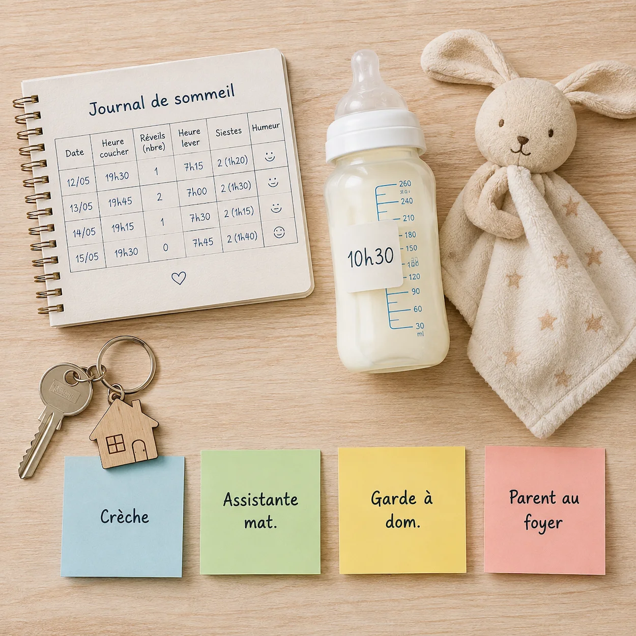 Flat-lay vue de dessus sur une table en bois clair montrant les éléments symboliques des 4 modes de garde en France : un journal de sommeil en français, un biberon avec horaire, un doudou, une clé de maison et quatre post-its colorés étiquetés Crèche, Assistante mat., Garde à dom. et Parent au foyer en français