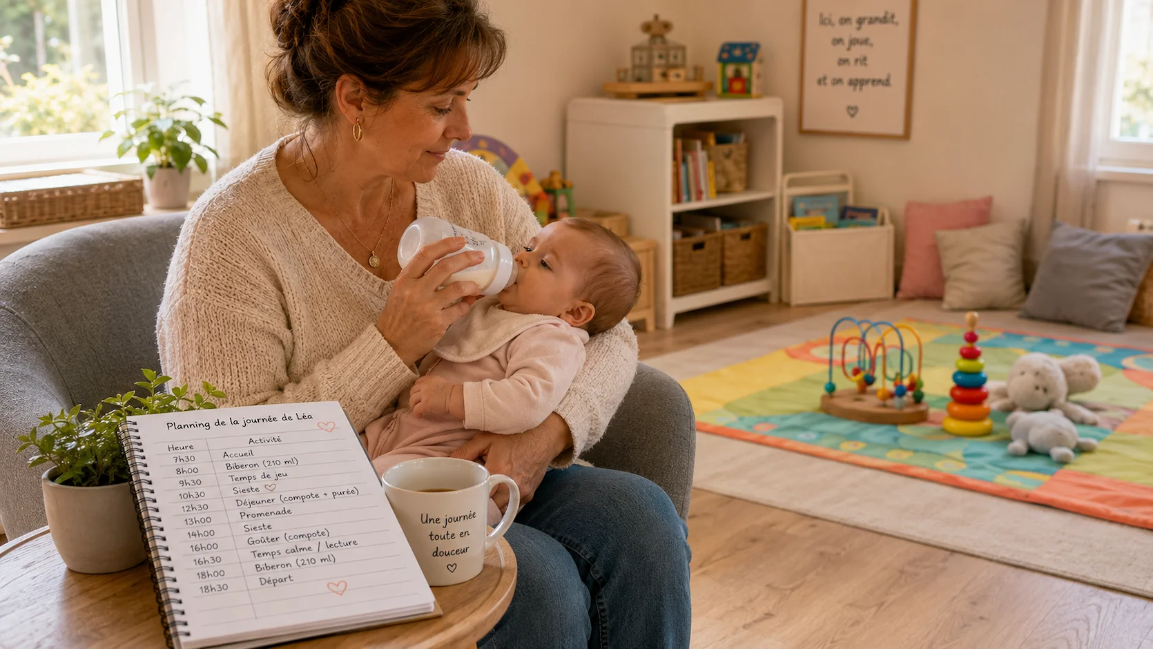 Une assistante maternelle française bienveillante de 50 ans assise dans un fauteuil bas dans un salon aménagé pour la garde, donnant le biberon à un bébé de 10 mois. Un cahier de transmissions ouvert avec le planning journalier de Léa en écriture manuscrite française est posé sur la table à côté.