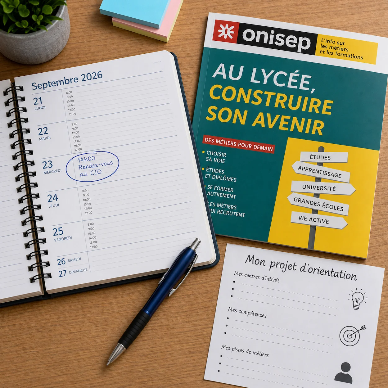 Agenda de rendez-vous ouvert avec une date cerclée, un stylo et une brochure Onisep sur un bureau scolaire, flat-lay carré