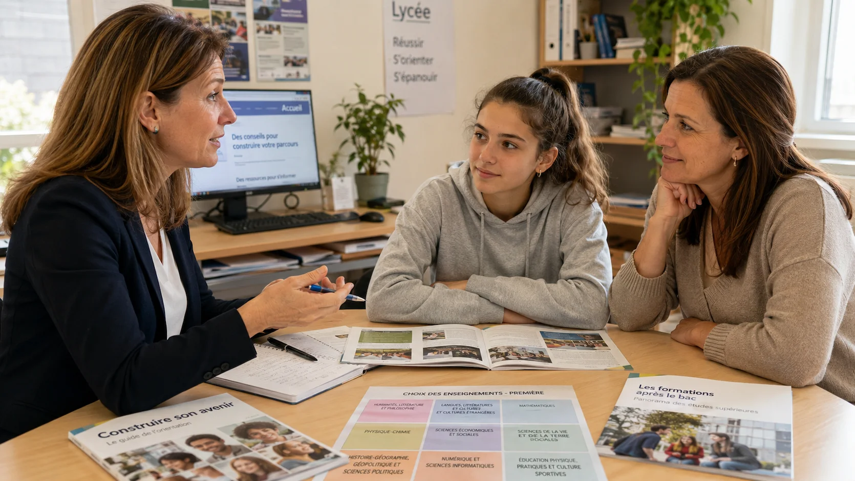Conseillère d'orientation française en entretien avec une lycéenne de Seconde et sa mère dans un bureau lumineux, brochures d'orientation sur la table