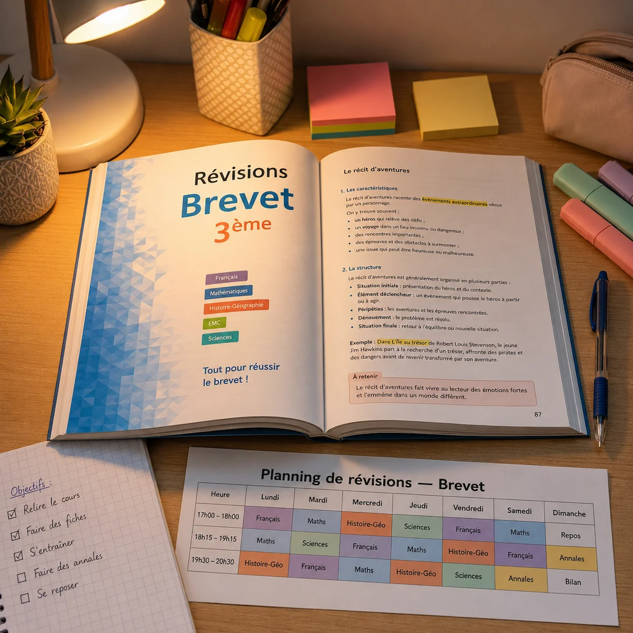 Cahier de révisions Brevet 3ème avec planning de révisions, stylos et marque-pages sur un bureau