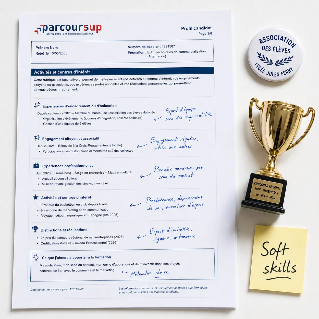 Page Parcoursup section activités et centres d intérêt annotée en français avec badge association et trophée sur un bureau