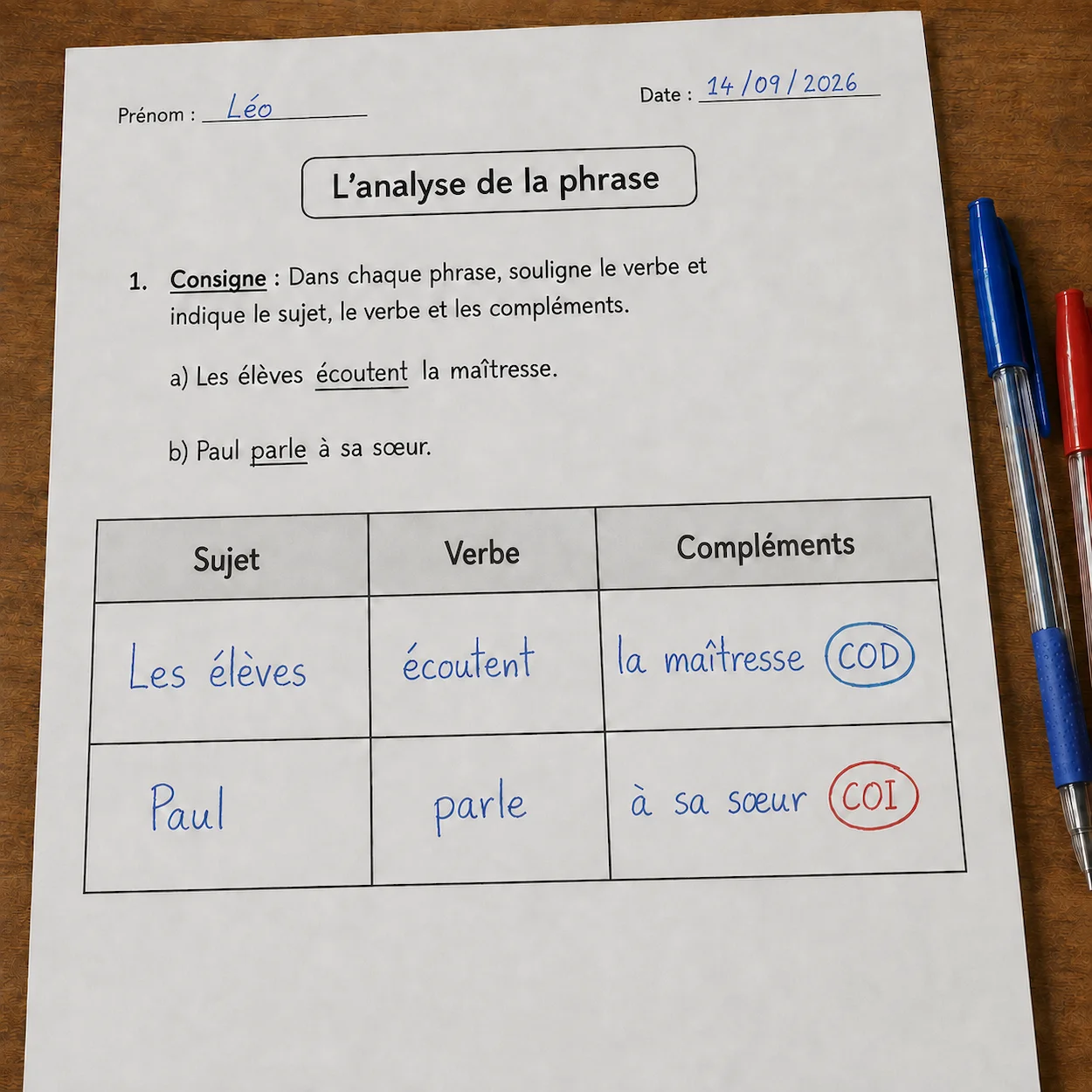 Tableau d analyse grammaticale d un enfant CM2 montrant deux phrases avec colonnes sujet verbe et compléments COD en bleu et COI en rouge cerclés