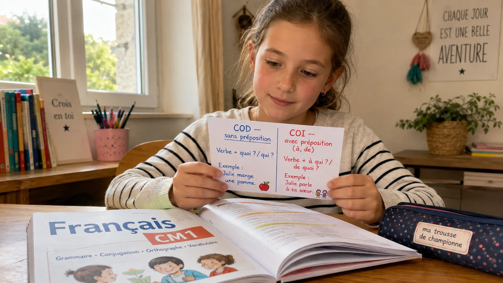 Fillette de CM1 tenant une fiche mémo colorée COD en bleu sans préposition et COI en rouge avec préposition à ou de avec exemples de phrases en français