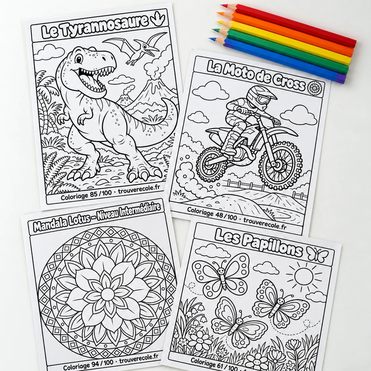Flat-lay de coloriages imprimés en noir et blanc avec un éléphant, un château, un mandala et une voiture de course, et un jeu de crayons de couleur posés dessus