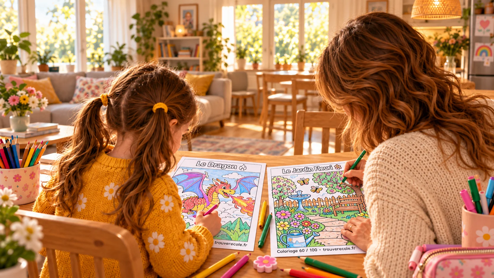 Mère et son fils de 8 ans coloriant ensemble à la table de cuisine, chacun avec sa propre page de coloriage, dans une atmosphère chaleureuse et joyeuse