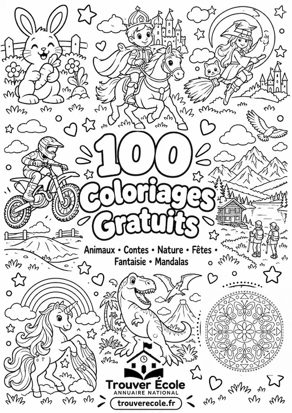 Aperçu des 100 coloriages gratuits : plusieurs pages imprimées montrant un éléphant, une princesse, un mandala, une voiture de course et une fleur