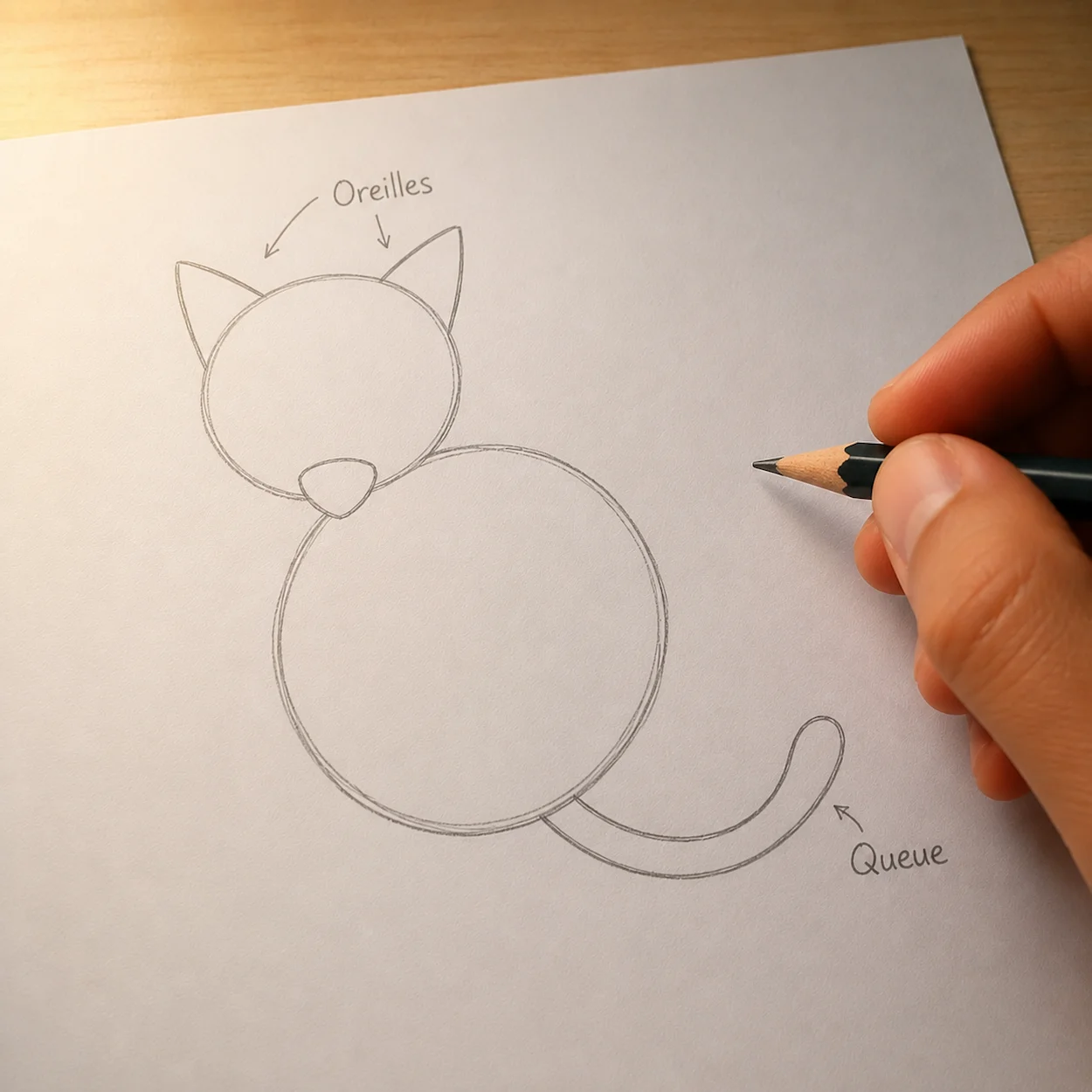 Étape 2 dessin chat : deux oreilles triangulaires pointues ajoutées sur le cercle de la tête et une longue queue courbe tracée à droite du corps