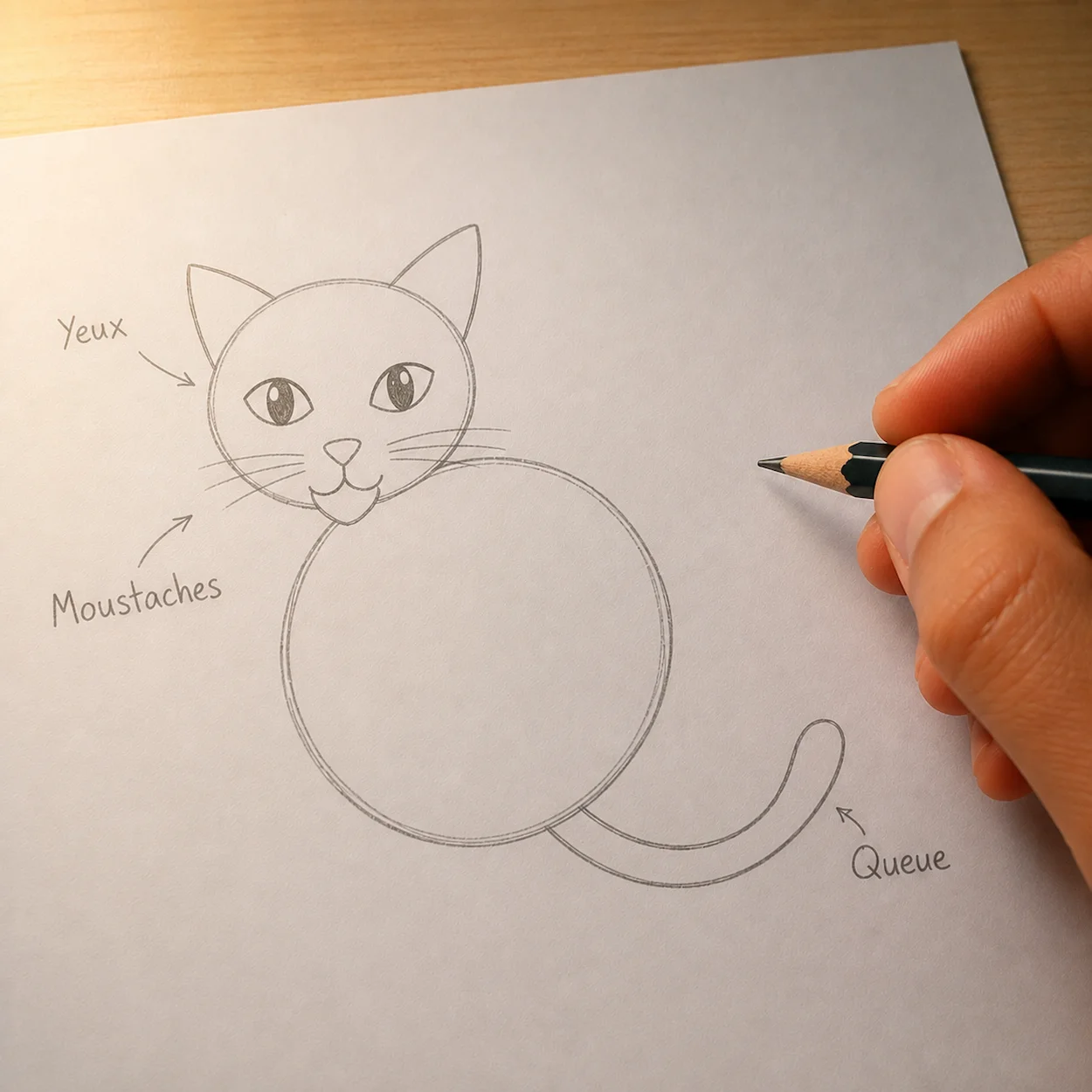 Étape 3 dessin chat : deux yeux en amande avec iris rond et pupille verticale ovale et highlight blanc, petit triangle du nez inversé, bouche en Y inversé et moustaches horizontales tracés