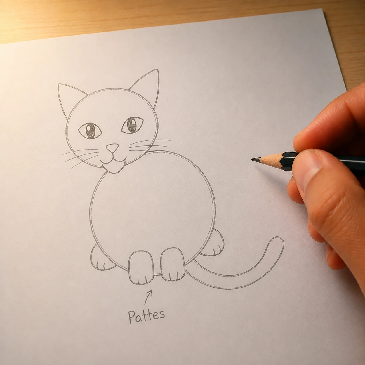 Étape 4 dessin chat : deux pattes avant rectangulaires arrondies avec coussinets tracées en bas du corps, deux petites pattes arrière qui dépassent de chaque côté du corps