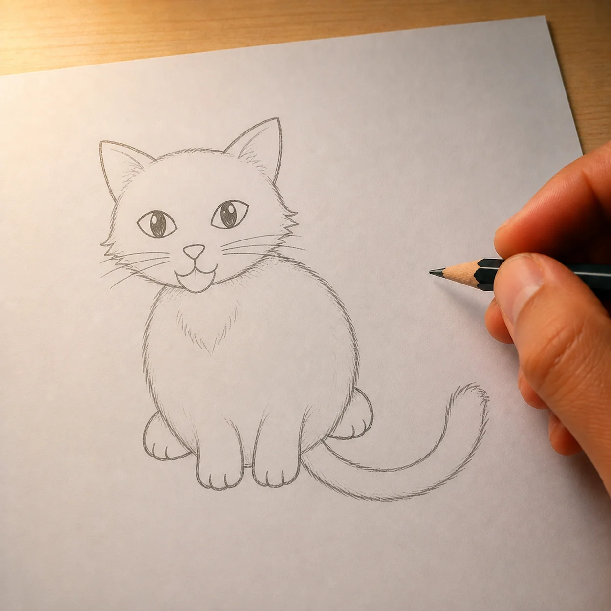 Étape 5 dessin chat : contours définitifs retracés avec texture de fourrure sur les joues et la queue, petit V du poitrail entre les pattes, oreilles internes ajoutées, cercles de construction atténués