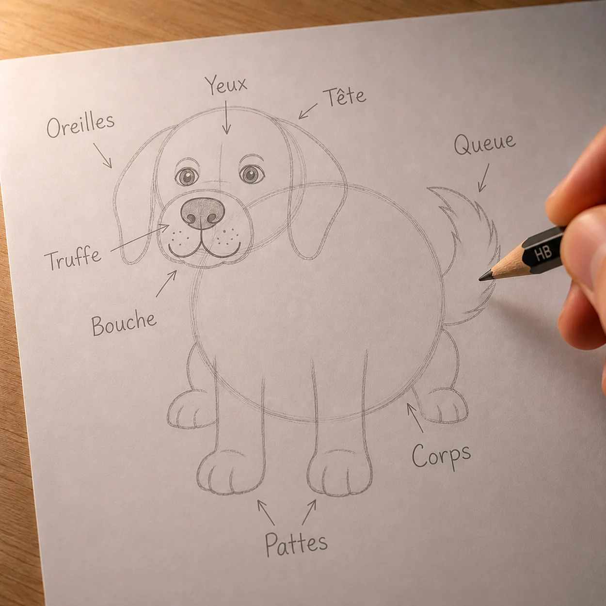 Étape 4 dessin chien : deux pattes avant cylindriques droites avec larges pattes rondes, pattes arrière en Z de chaque côté du corps, longue queue touffue courbée vers le haut à droite