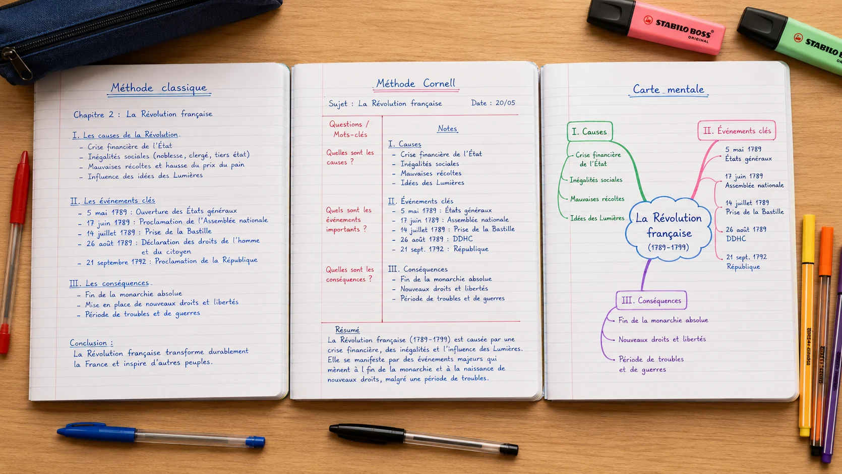 Comparaison de trois cahiers scolaires montrant différentes méthodes de prise de notes : linéaire, Cornell et mind map