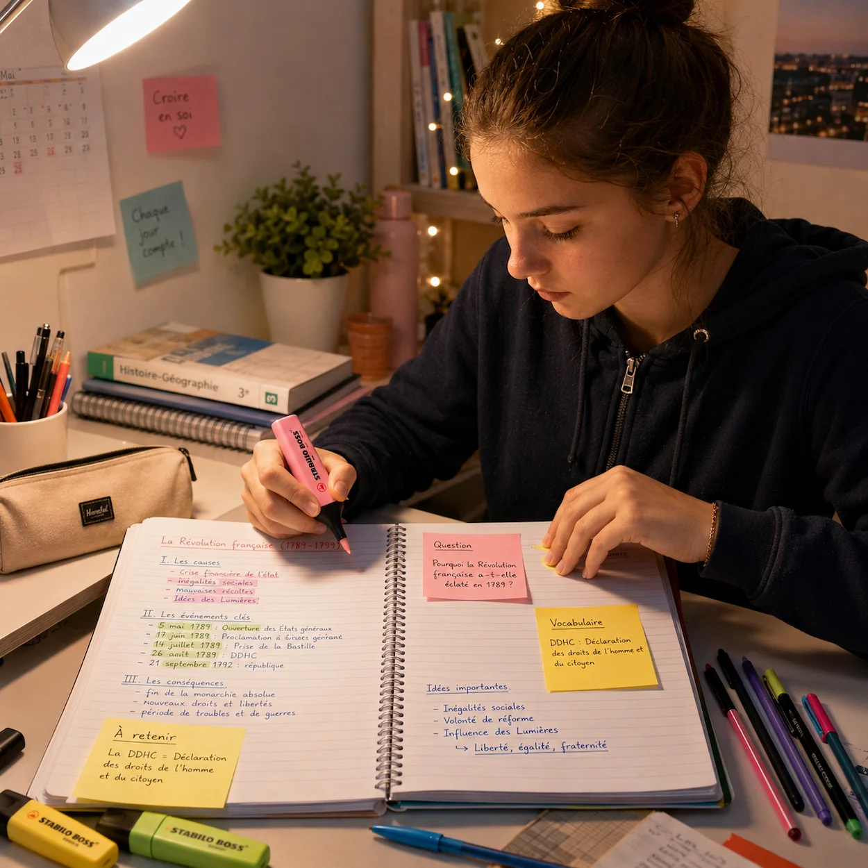 Lycéenne organisant ses notes avec des surligneurs de couleur et des post-it à son bureau