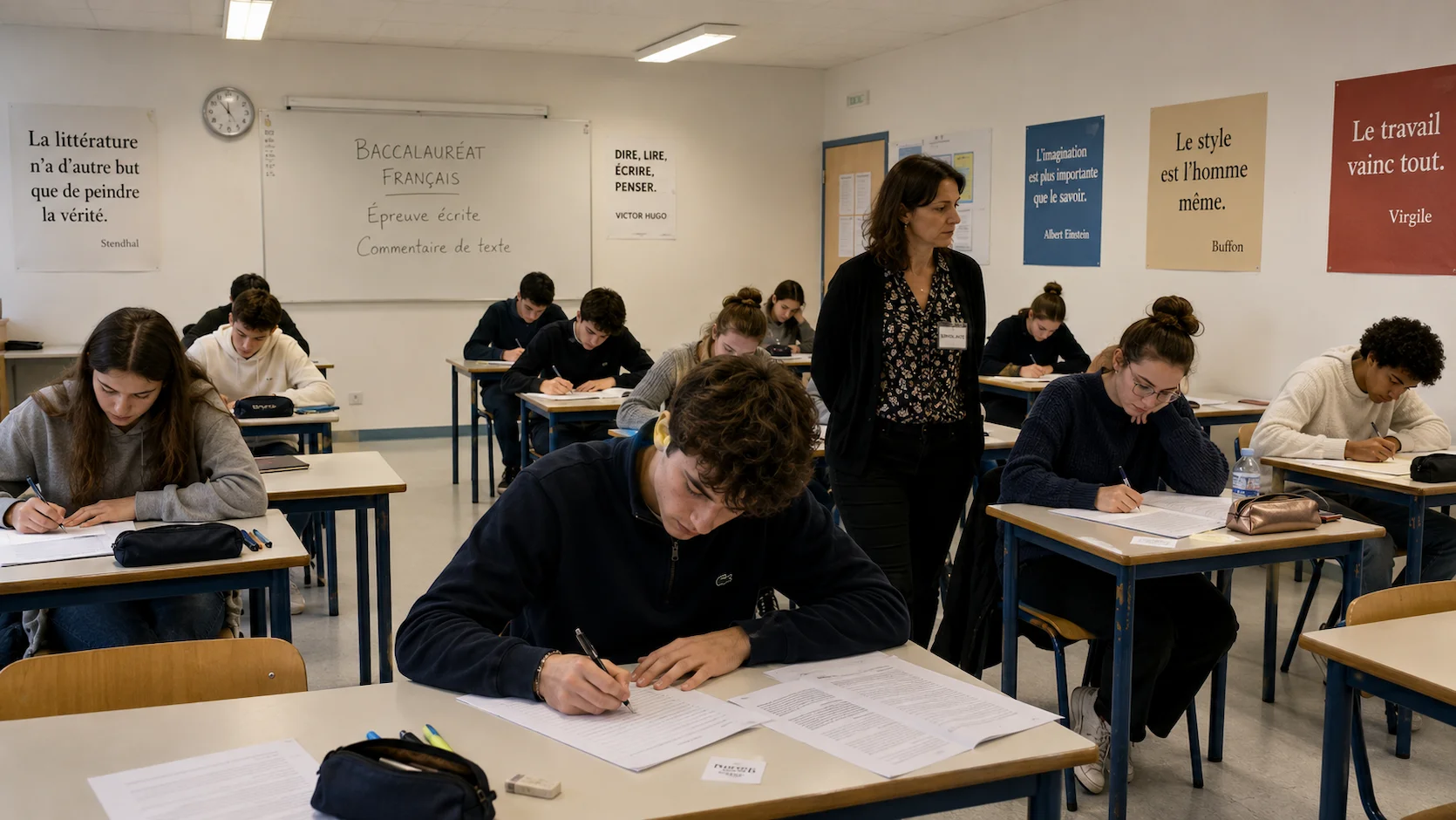 Salle d'examen du Bac de Français avec des lycéens rédigeant leur commentaire de texte sur des feuilles de copie