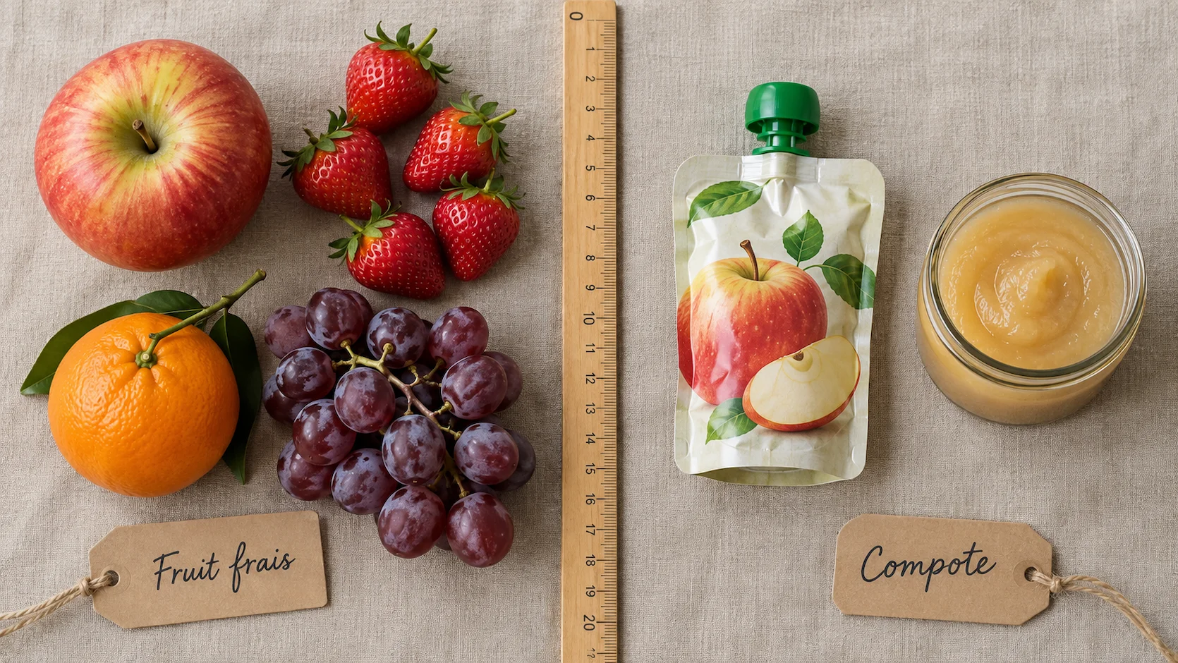 Comparaison visuelle et nutritionnelle entre les fruits frais entiers et la compote de fruits pour le goûter