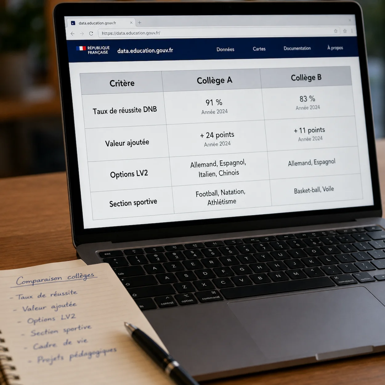 Écran d'ordinateur affichant un tableau comparatif de deux collèges avec les critères taux de réussite DNB, valeur ajoutée, options LV2 et section sportive