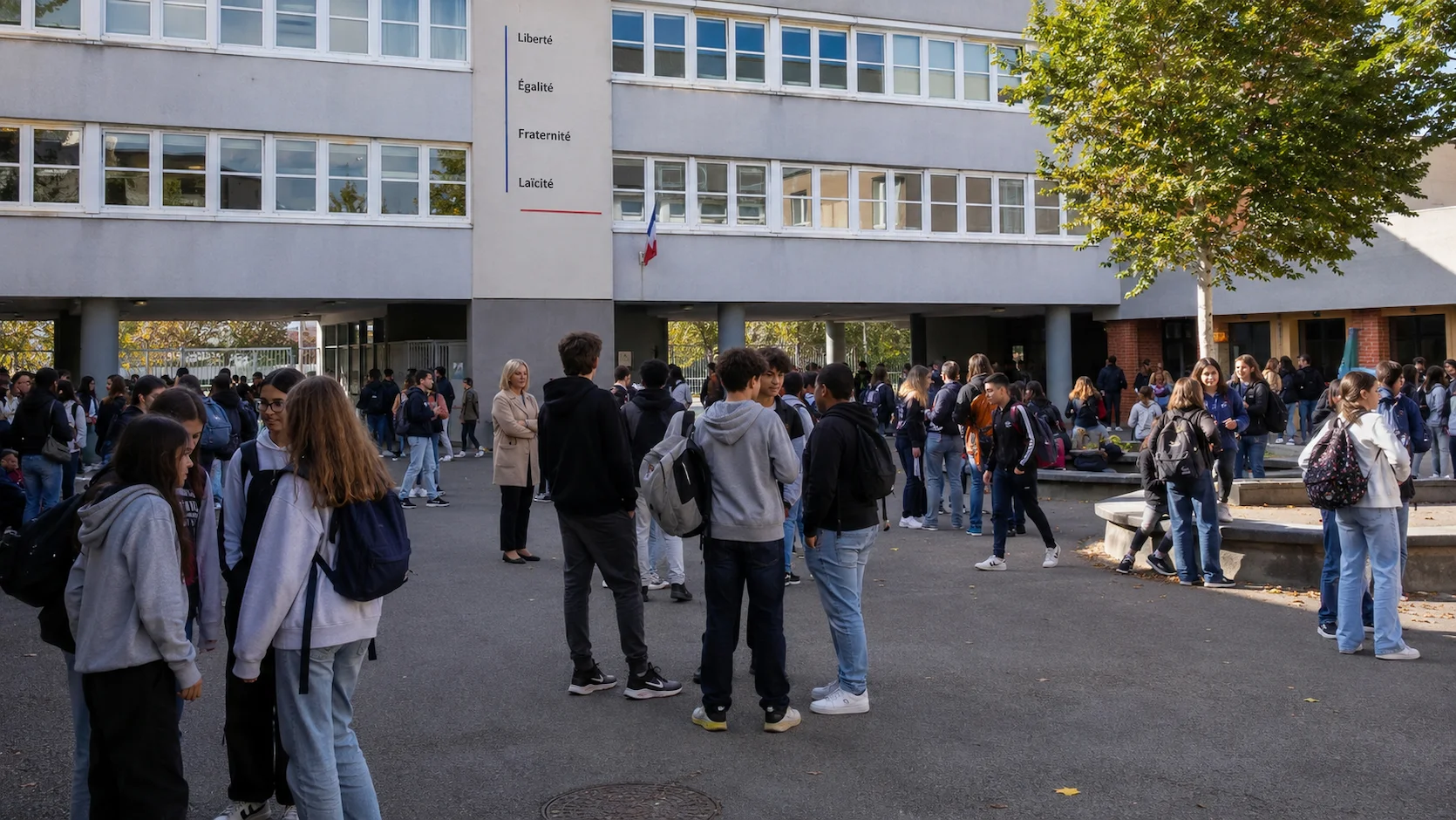 Cour de récréation d'un collège français animée avec des groupes d'élèves discutant pendant la pause, façade du bâtiment scolaire visible en arrière-plan