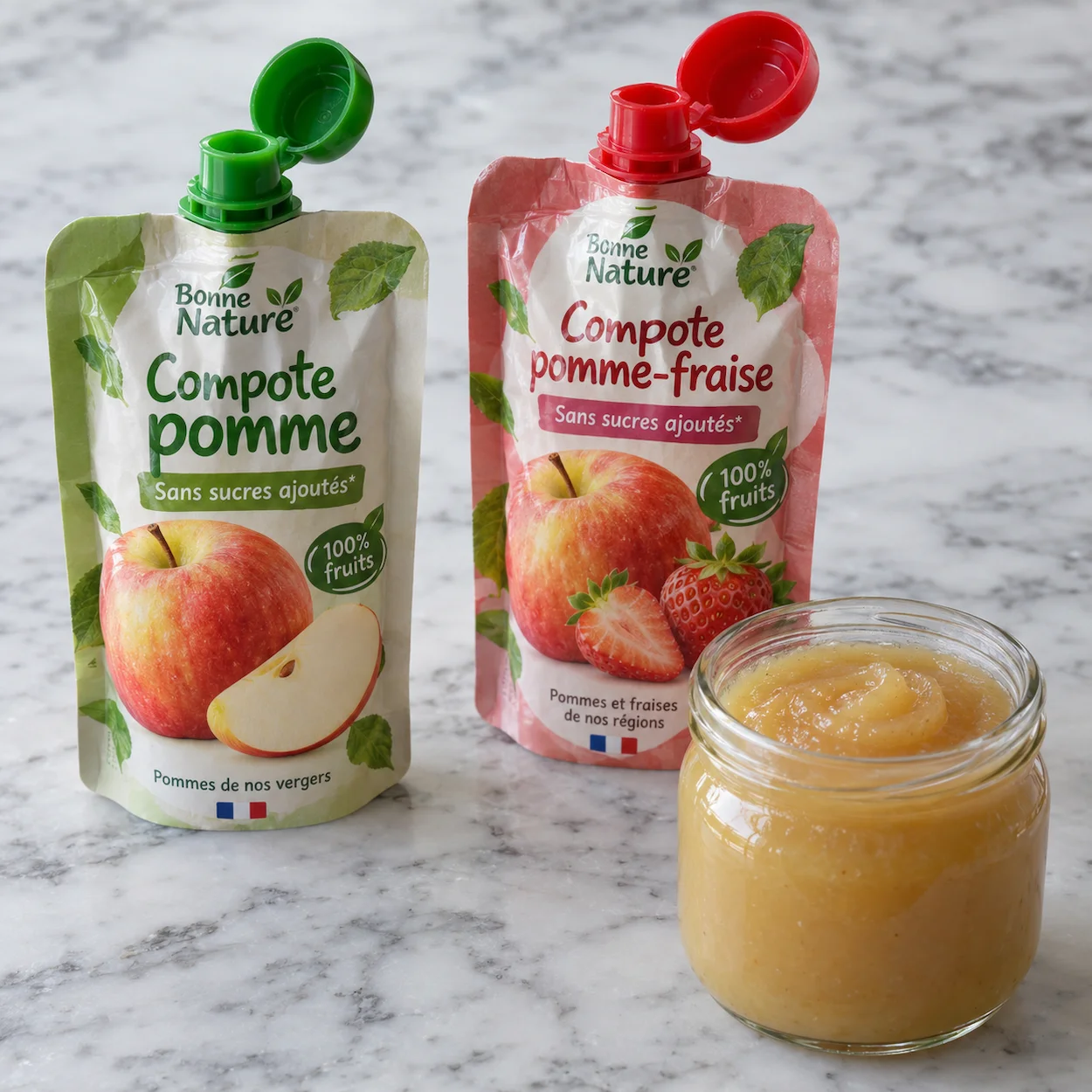 Gourdes de compote de fruits sans sucre ajouté prêtes pour le goûter d'école des enfants