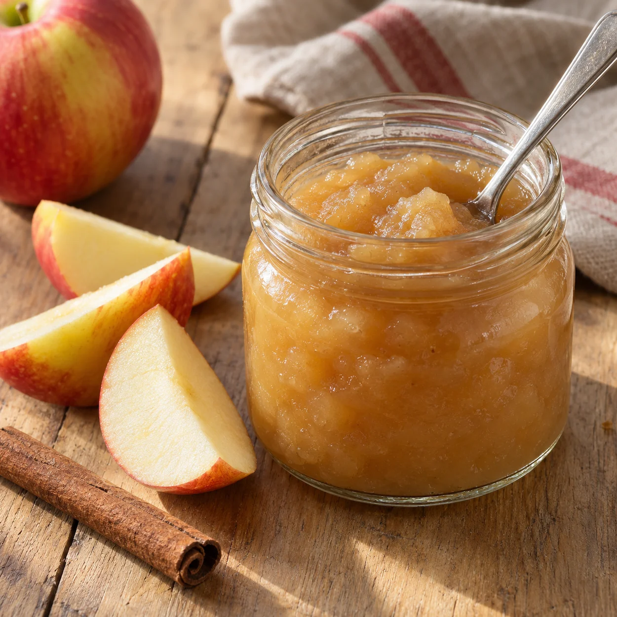 Petit pot de compote de pomme maison sans sucres ajoutés avec sa cuillère sur une table en bois