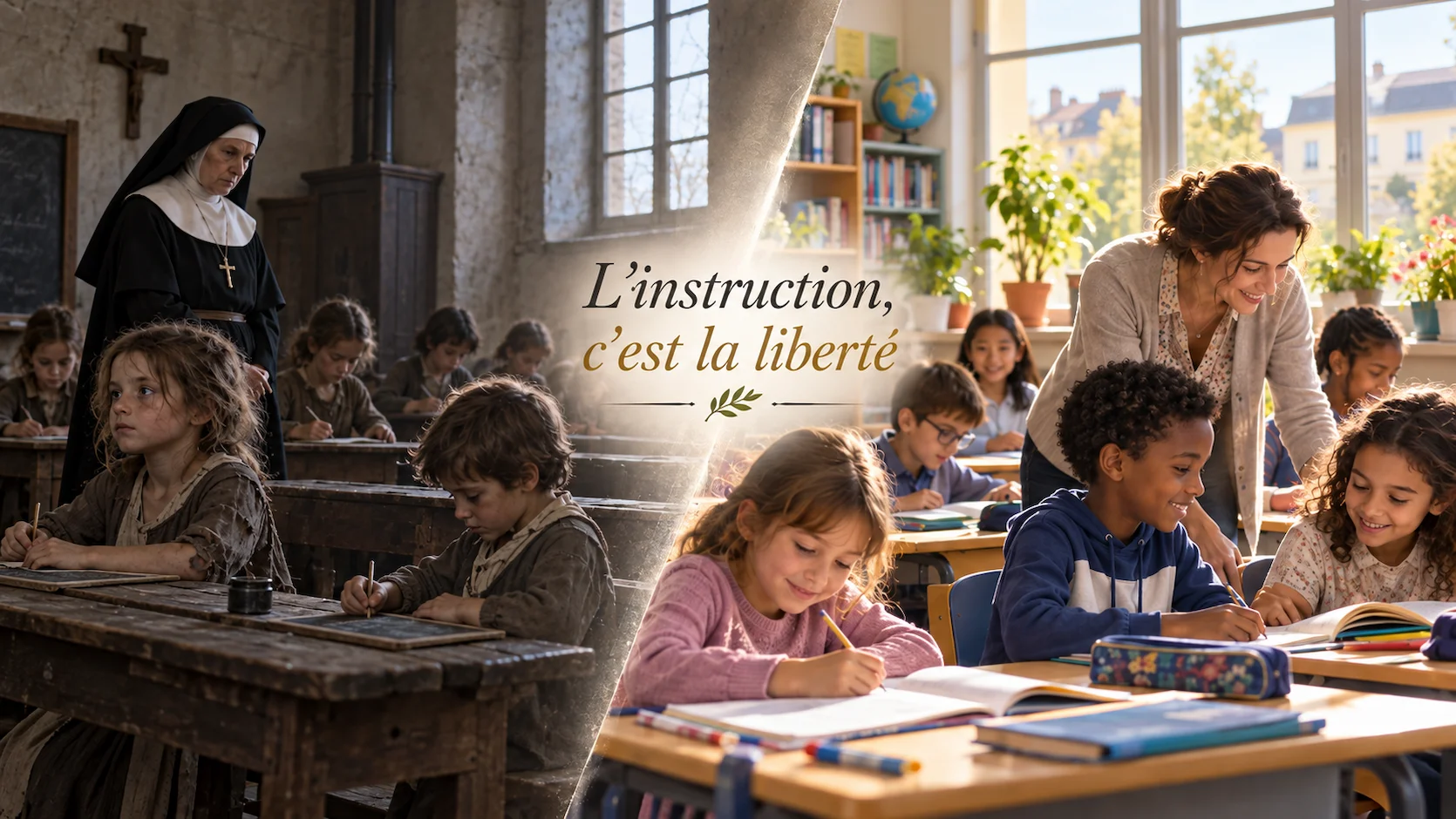 Image symbolique opposant salle d'asile 18e siecle et ecole primaire moderne illustrant le progres de l'instruction pour tous
