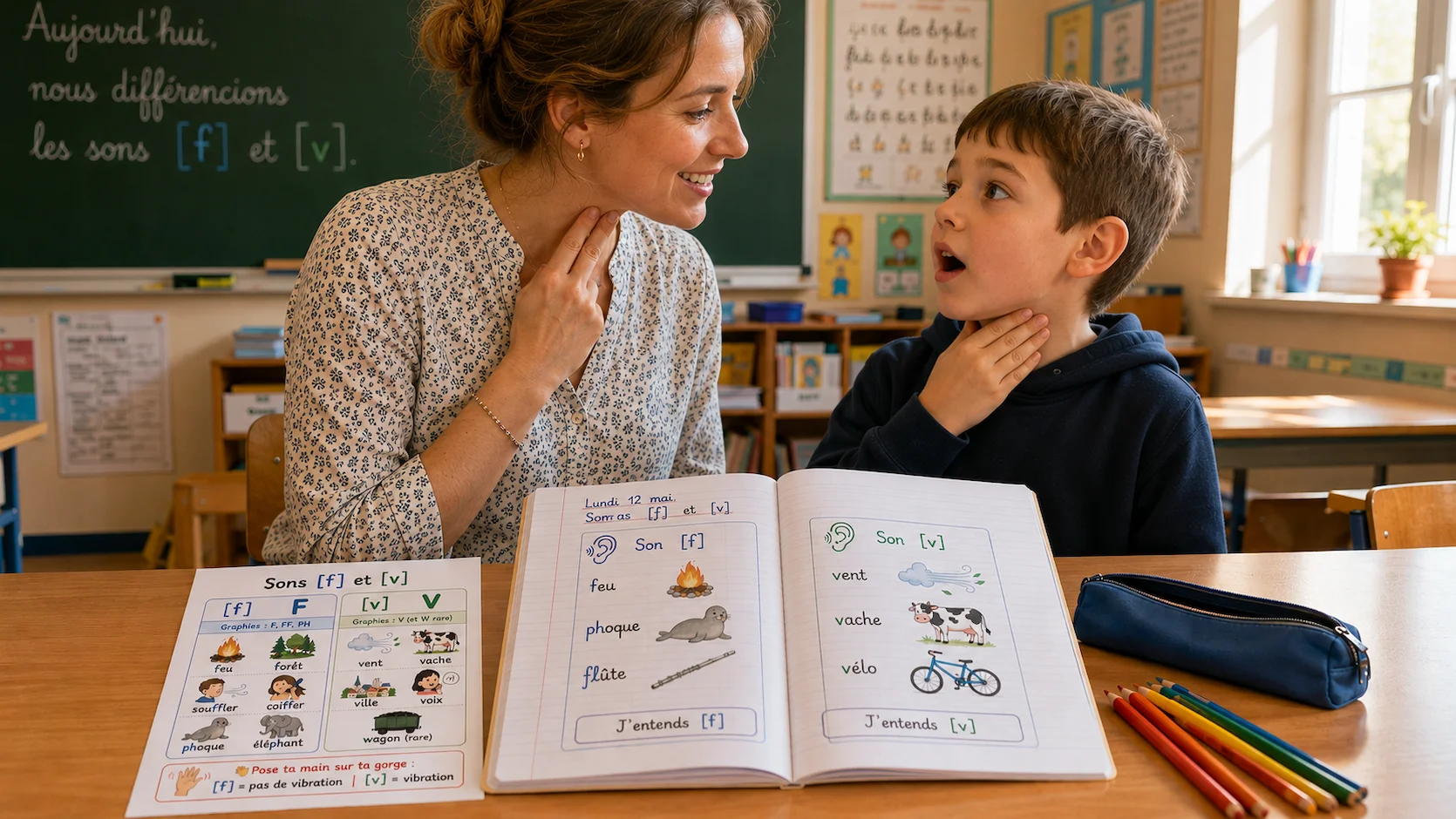 Enseignante démontrant l astuce main sur la gorge pour distinguer f et v à un élève de 7 ans, cahier de phonologie ouvert sur le bureau, salle de classe lumineuse