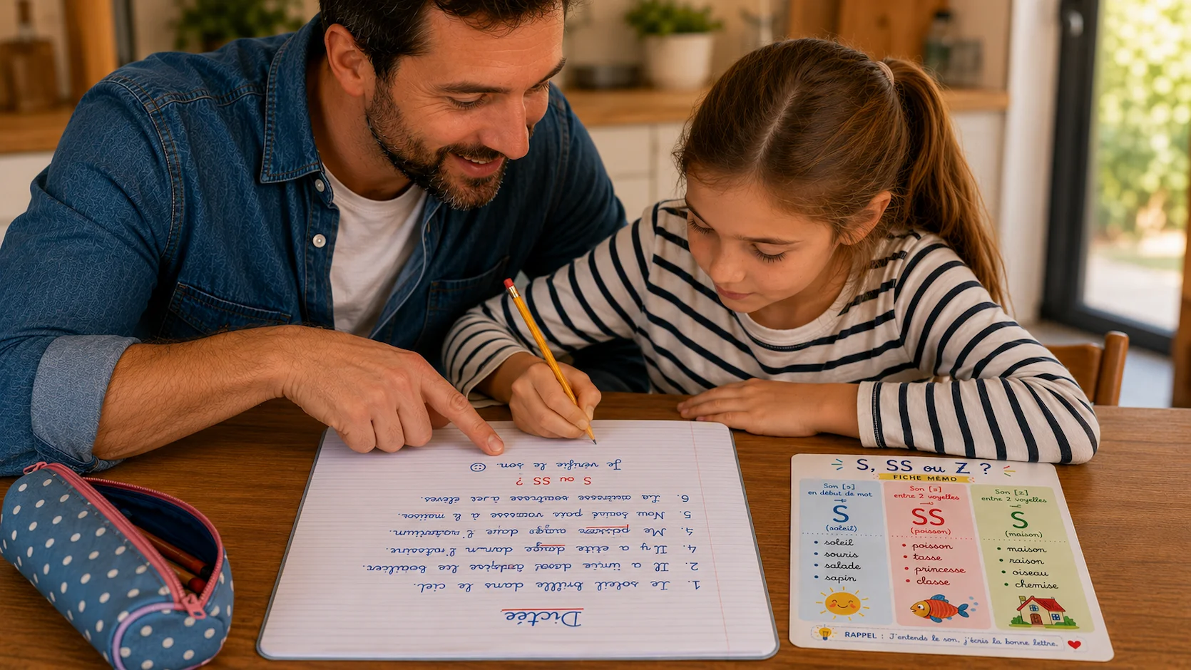 Père et fille de 8 ans travaillant ensemble sur un exercice de dictée à la table de cuisine, le père expliquant la règle du S entre deux voyelles avec une fiche mémo visible