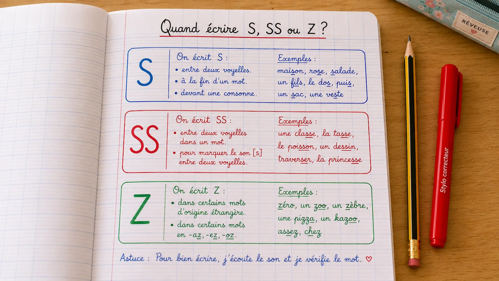 Confondre le son [s] et [z] : Fiche mémo pour savoir quand écrire S, SS ou Z
