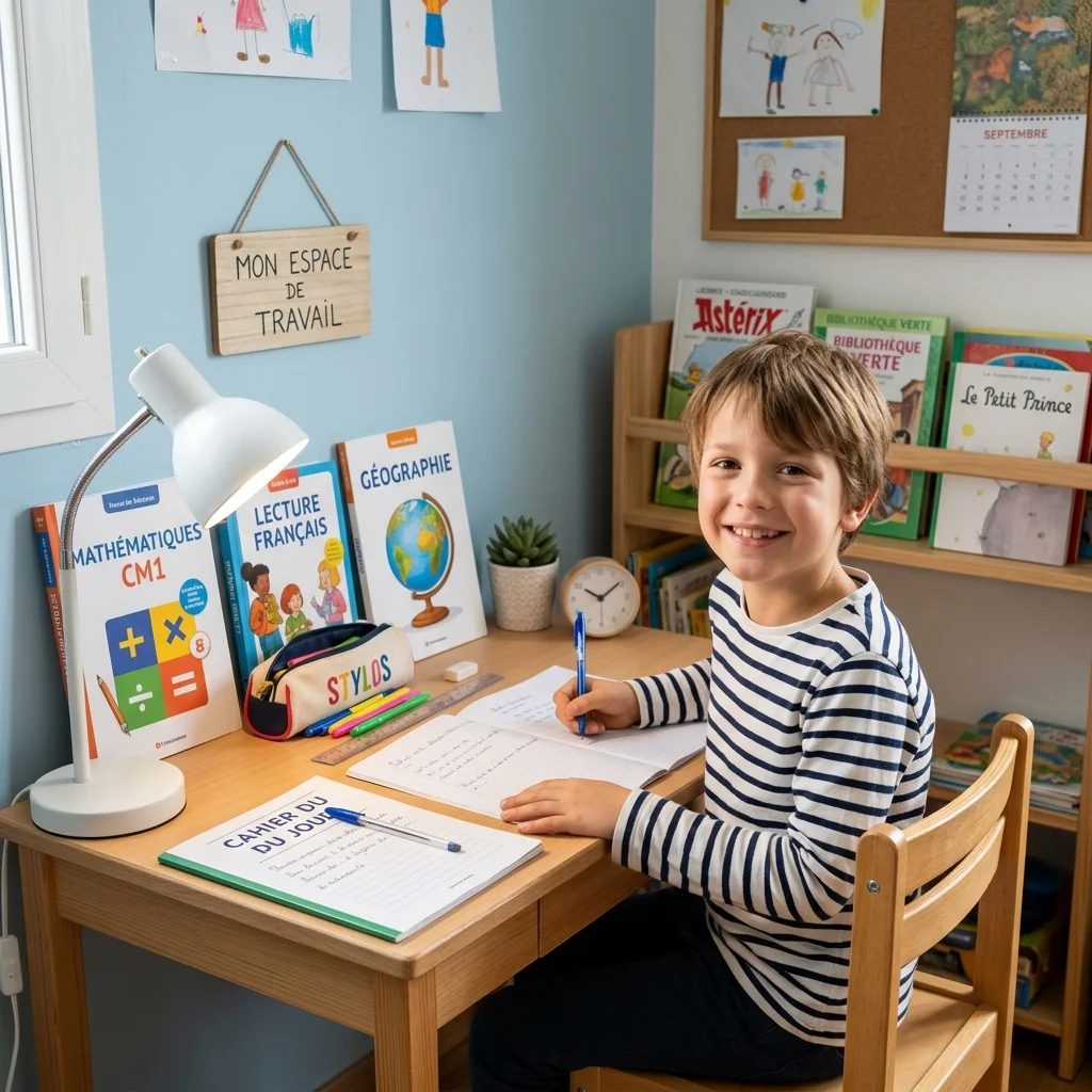 Enfant souriant devant ses livres scolaires dans un espace de travail bien organisé