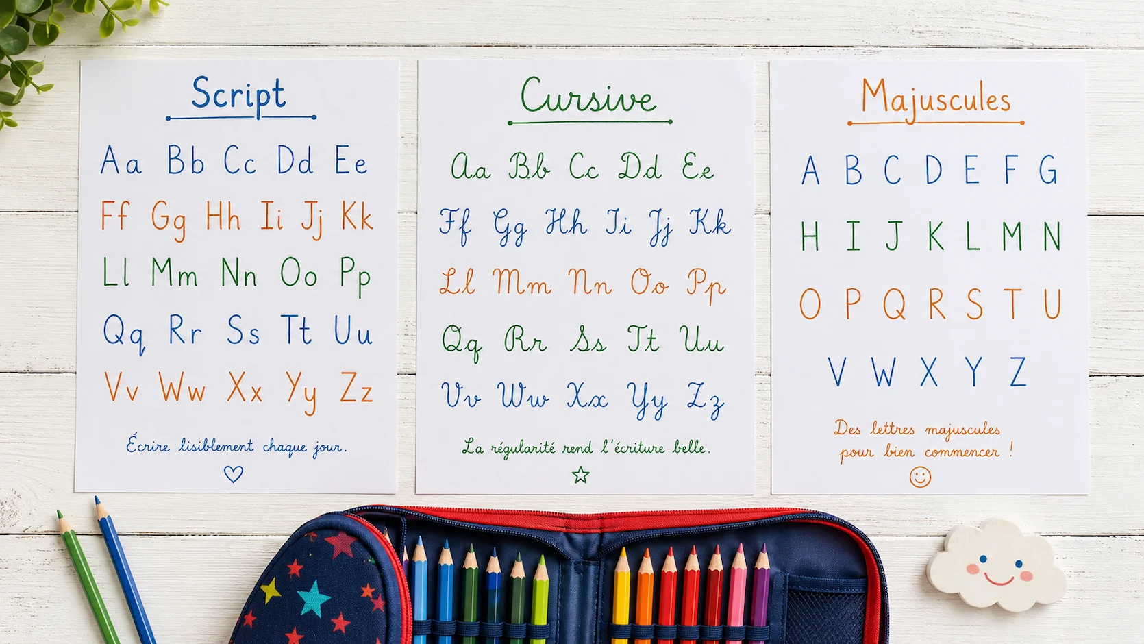 Apprendre l'alphabet en script, cursive et majuscule : Fiche de correspondance des 3 ecritures