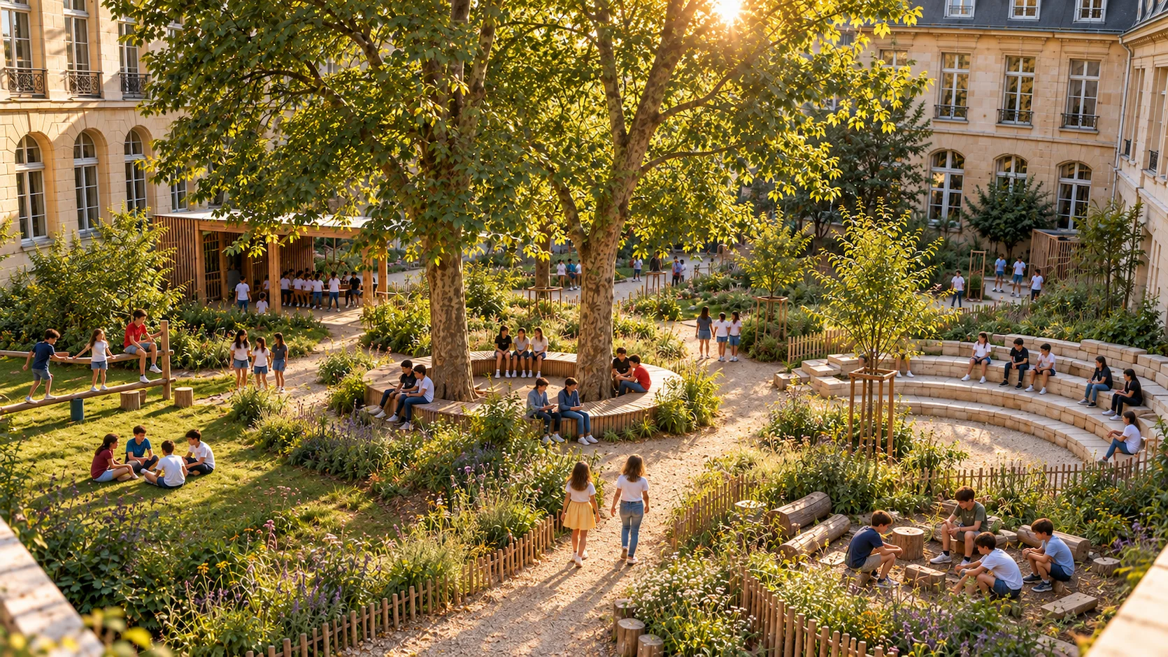 Vue aérienne cour école végétalisée Cours Oasis Paris arbres ombre prairie assises bois enfants nature