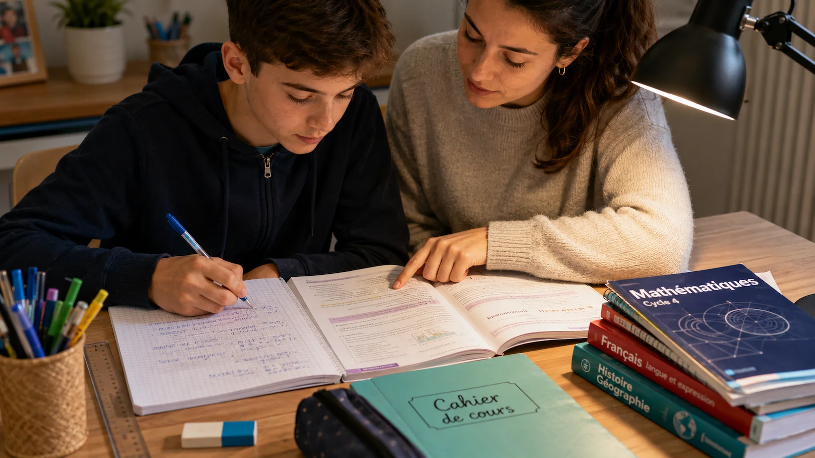 Adolescent travaillant avec un professeur particulier à domicile, sur un bureau avec des manuels scolaires ouverts et des fiches de révision