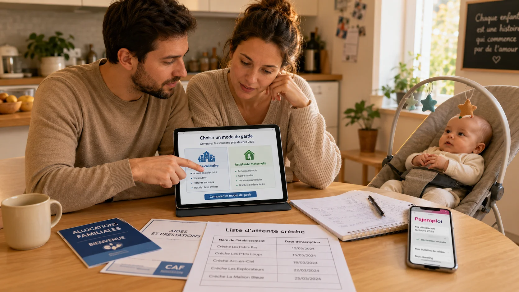 Jeunes parents comparant des documents de garde d'enfants à la table de cuisine avec leur bébé dans un transat, tablette et documents CAF visibles